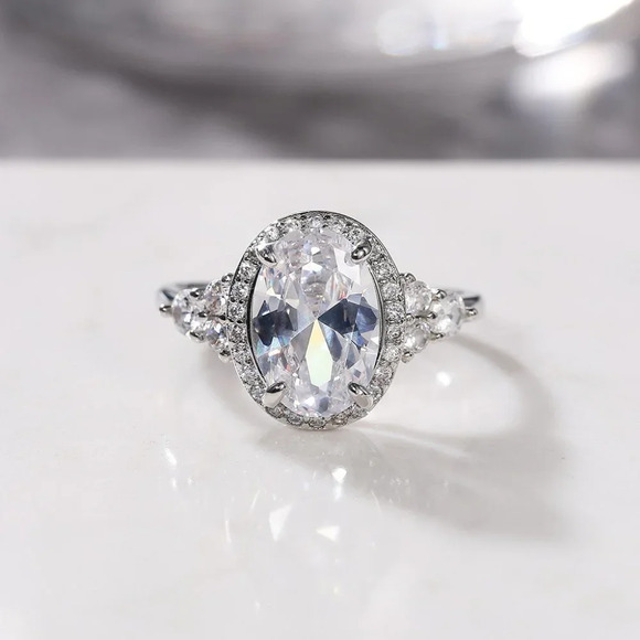 ▶Beautiful Noble Oval Pure CZ Macro Pave Silver Wedding Luxury Rings K936